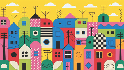 Fototapeta premium Colorful abstract cityscape illustration playful geometric houses packed closely together vector background