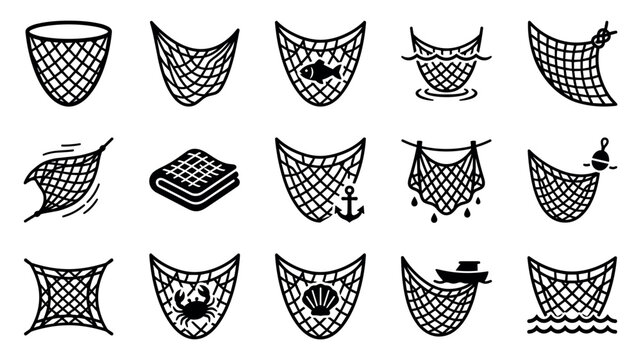 Various black and white fishing net icons illustrate different shapes, uses, and marine elements in a clean, graphic style