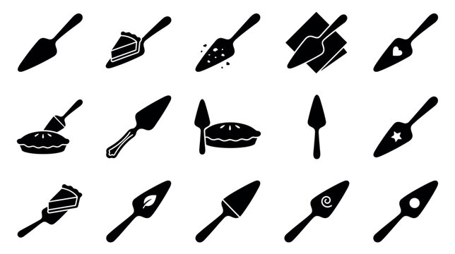 Various black silhouette cake servers and pie spatulas are arranged in a grid pattern, featuring different shapes and decorative cutouts
