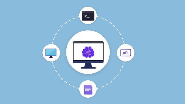 Animated flat technology dashboard featuring connected media devices, digital services, and centralized workflow interface in a modern network ecosystem.