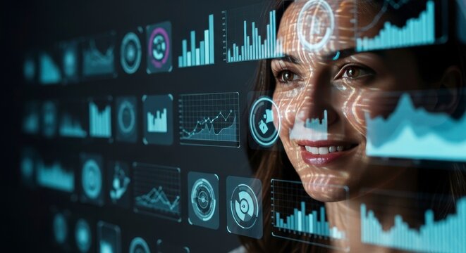 Femme analysant des donn&eacute;es num&eacute;riques &agrave; l'aide d'interfaces graphiques et de la visualisation de donn&eacute;es