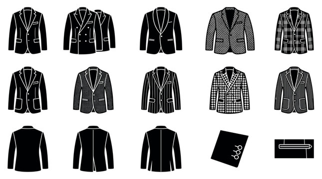 Collection of various men's formal suit jackets and blazers in black and white line art style
