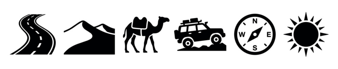 Black silhouette icons representing desert travel elements including a winding road, sand dunes, a camel, an off-road vehicle, a compass, and the sun
