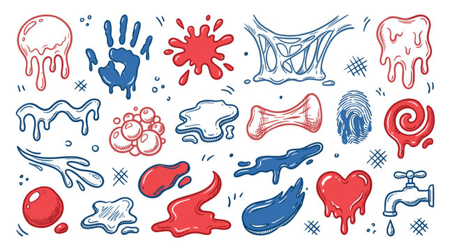 Various hand-drawn red and blue liquid splatters, drips, and abstract shapes create a playful, vibrant pattern