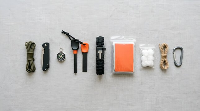 Survival Kit Essentials: Knife, Compass, Fire Starter, Paracord, Emergency Blanket