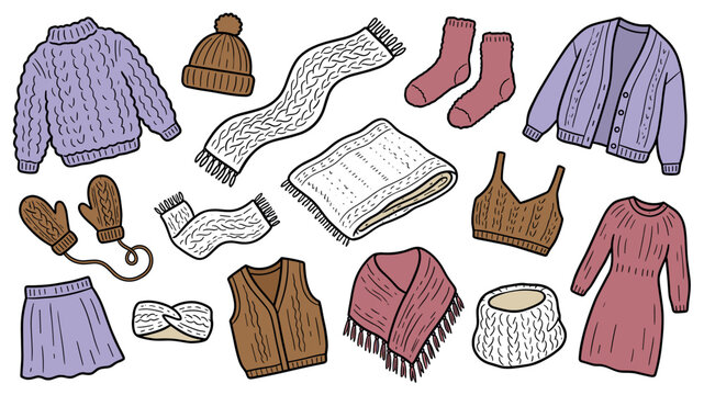 Various knitted winter clothing items, including sweaters, scarves, hats, and mittens, are scattered in a charming doodle style