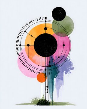 Abstract geometric circles with concentric rings and watercolor splashes in orange pink green and purple on light blue background