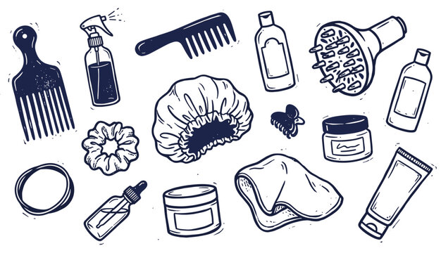 Various hand-drawn hair care products and accessories are scattered across a clean surface, depicted in a simple, graphic outline style