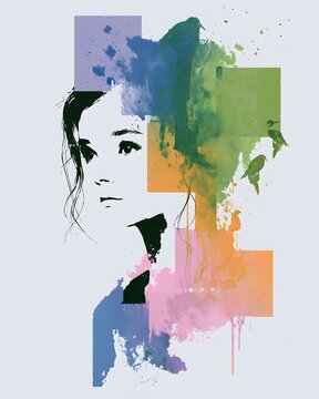 Woman face sketch with abstract color blocks and birds in lavender orange green and pink on light gray background