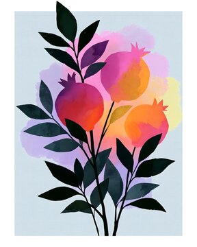 Pomegranate fruit and dark leaf botanical illustration with pink purple orange and yellow watercolor on light blue background