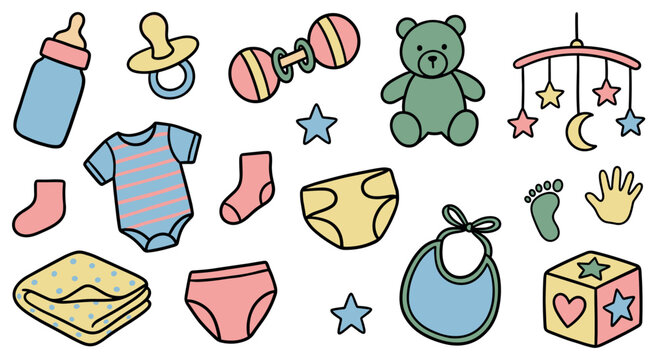 Various colorful baby items, including a bottle, pacifier, rattle, teddy bear, and clothing, are arranged in a playful pattern