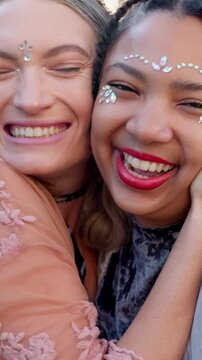 Face, hug and friends at music festival, outdoor and laughing at social gathering for bonding. Excited, embrace and funny women at party with gems, concert and portrait at reunion together for rave