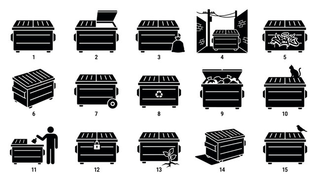 Various black silhouette dumpster icons depict different states and scenarios of waste disposal containers in a clean, graphic style