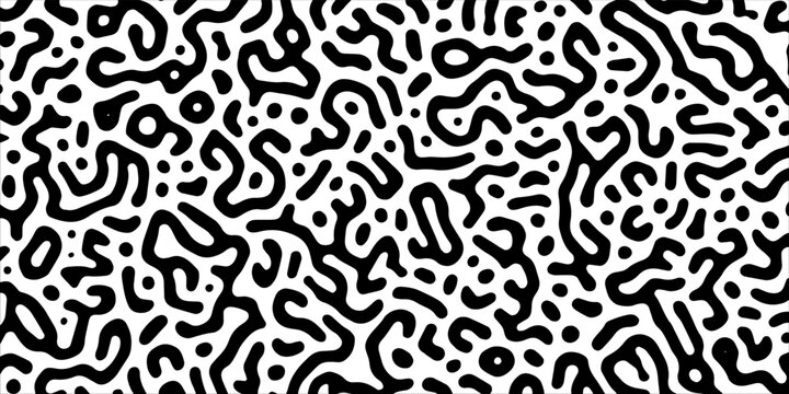 Abstract monochrome organic pattern vector with black and white twisting labyrinth shapes. Modern reaction-diffusion style design for textile backgrounds, wallpapers, and minimalist web design.