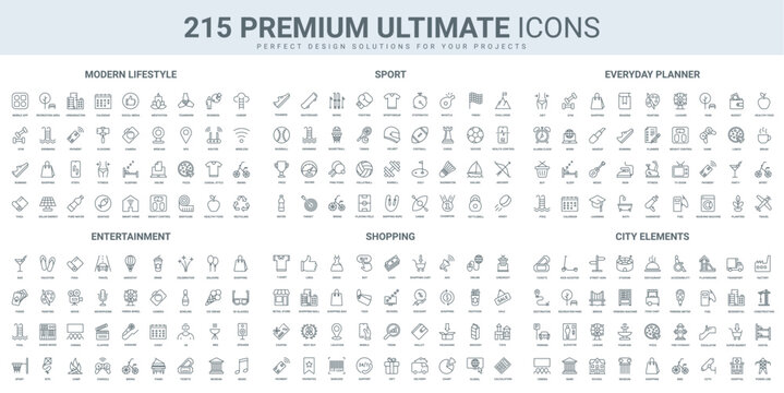 Daily planner for sport training and learning, healthy diet thin black line icons set vector illustration. Outline symbols of lifestyle plan for shopping and entertainment, fitness, city buildings