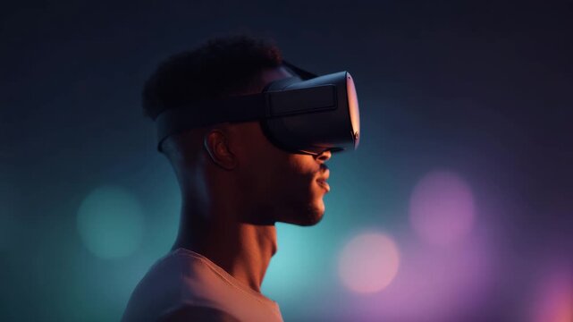 Virtual reality headset side view young man profile neon light dark background immersive gaming technology futuristic studio portrait concept wearable device
