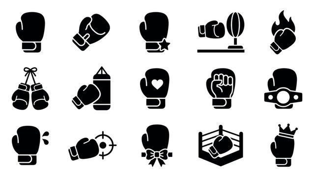 Collection of black boxing glove icons with various related elements, including punching bags, a championship belt, and a boxing ring, presented in a clean, graphic style