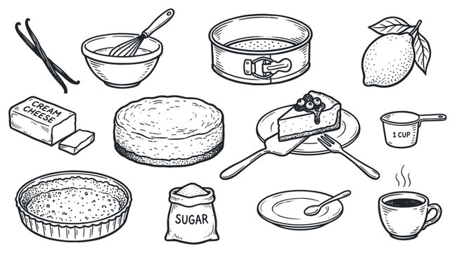 Various hand-drawn cheesecake ingredients and baking tools are neatly arranged in a vintage engraving style, creating a charming culinary illustration