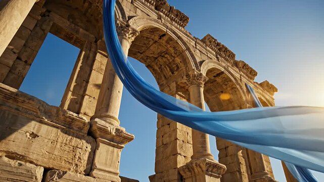 Ancient stone arches and fluttering blue banners at sunlit ruin site