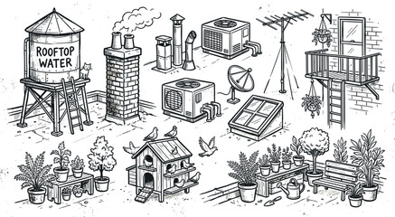 Obraz premium Detailed black and white line art illustration of various rooftop elements, including a water tower, air conditioning units, and garden plants
