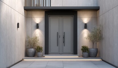 Fototapeta premium Modern entryway with double doors, potted plants, and subtle uplighting