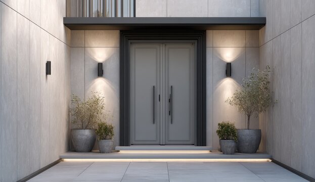 Modern entryway with double doors, potted plants, and subtle uplighting
