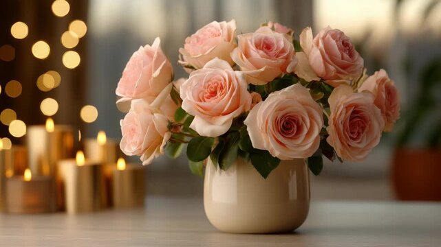Pink rose bouquet in ceramic vase with warm candlelight, soft bokeh background, elegant romantic floral arrangement decor indoor still life