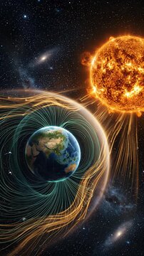 Earth experiences powerful solar flare eruption, geomagnetic storm affecting magnetosphere, radiation particle emission from sun activity creating space weather disturbance, cosmic energy wave