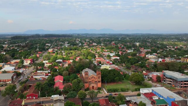 Villarrica cityscape aerial with Our Lady of Asuncion historic church facade