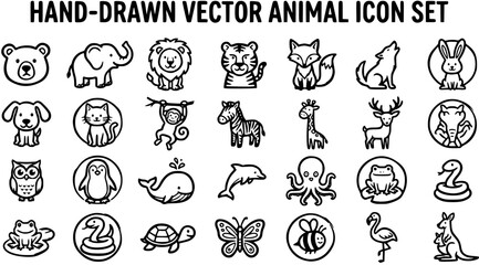 Hand-Drawn Vector Animal Icon Set: Cute Black  White Line Art Wildlife Illustrations for Kids, Nature, and Educational Designs. © pixsource