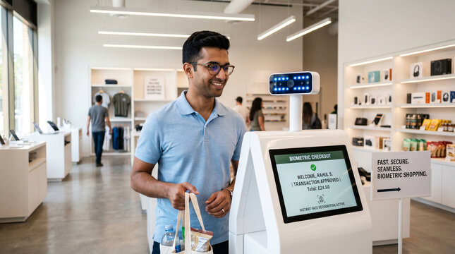 Face recognition payment at smart retail checkout, biometric commerce concept, future shopping technology, facial payment, frictionless retail