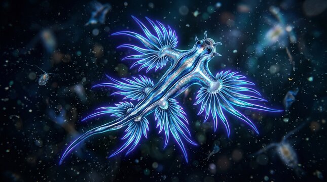 Blue dragon nudibranch sea slug floating in deep dark ocean water