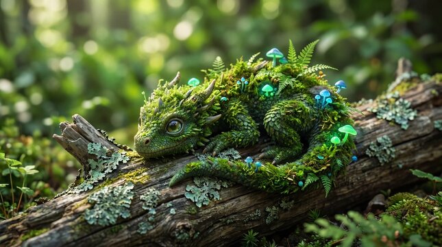 Tiny magical moss dragon resting on a forest log