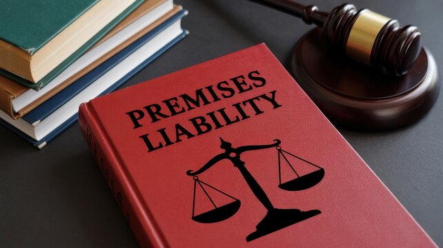 Premises Liability law book with scales of justice icon, gavel and legal books on a dark desk