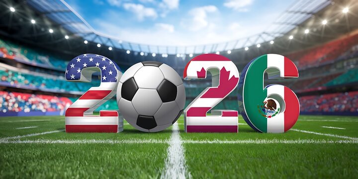 Creative 2026 football championship concept with national flag typography and soccer ball on stadium field