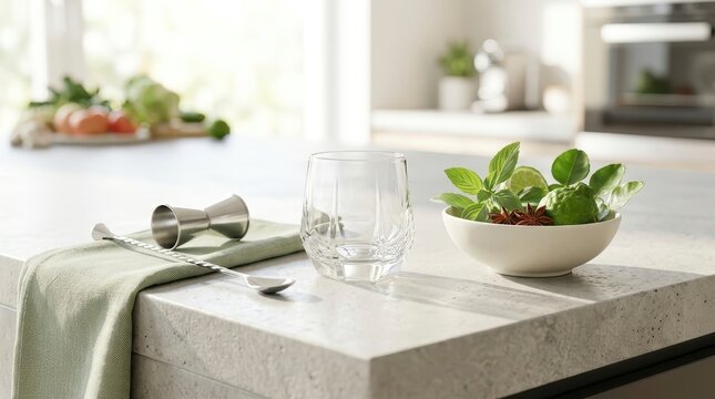 Cocktail ingredients and bar tools on modern kitchen counter