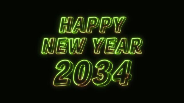 2034 New Year Neon Text Seamless Loop 4K Black Background Animated Promotional Typography for Video Editing
