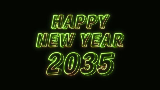 2035 New Year Neon Text Seamless Loop 4K Black Background Animated Promotional Typography for Video Editing