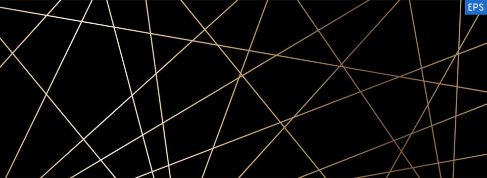 Abstract geometric pattern with chaotic random diagonal lines creating modern luxury texture. Straight minimalist elements in golden colors. Vector illustration isolated on black background.