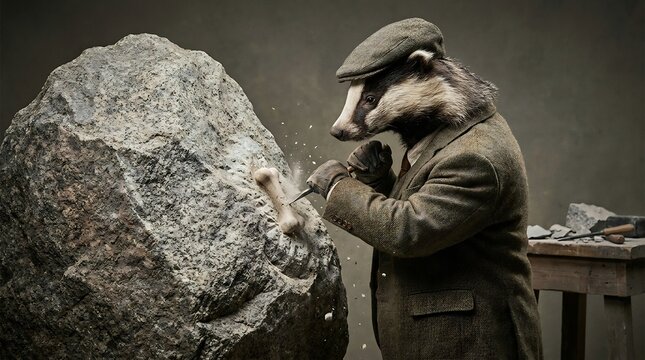 Anthropomorphic Badger Sculptor Chiseling Stone Block in Rustic Workshop