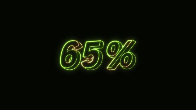 65 Percent Neon Text Seamless Loop 4K Black Background Animated Promotional Typography for Video Editing