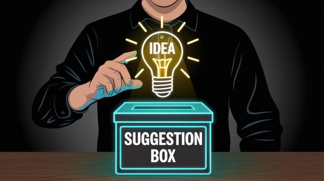 Man holding glowing idea lightbulb over suggestion box for feedback and innovation