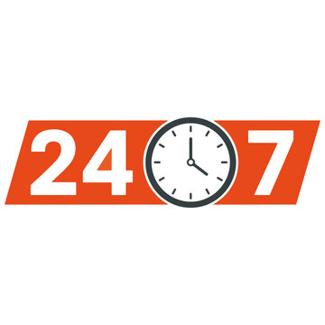 24/7 with clock on orange banner, white background