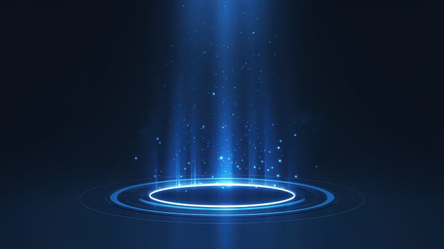 Futuristic blue glowing teleport portal with light beam and particles on dark background