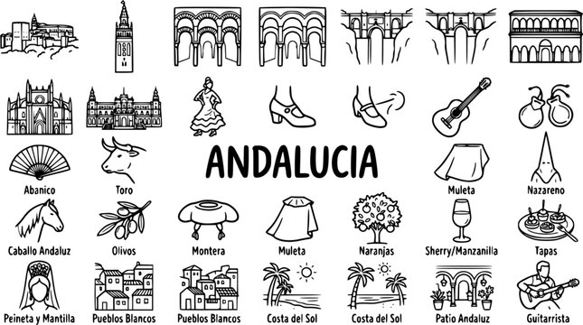 Andalusia Symbols Icons Set: Line Art Vector Illustrations of Spanish Culture and Landmarks