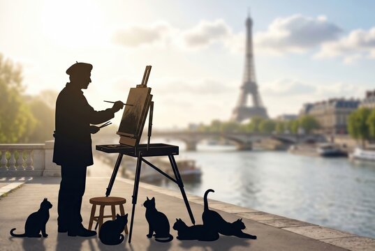 Generated AI set photos artist painting Eiffel Tower with cats in Paris