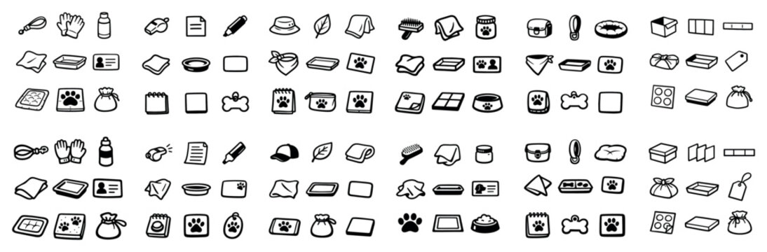 Pet care and veterinary supplies icon set with bowl bone and paw for infographic layout in minimal style