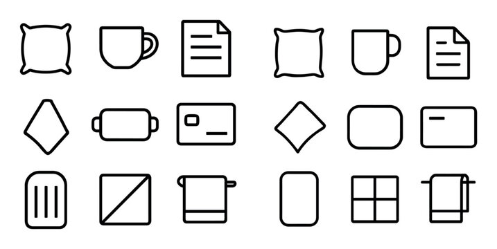 Home and kitchen design icons with pillow, mug and towel for web interface in minimal outline style