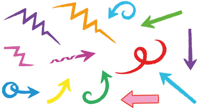 Colorful arrows and zigzag symbols on a white background