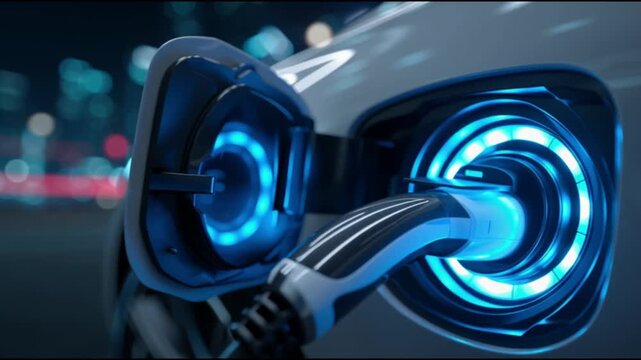 Close up on blue a-car charging port, with the charging cable plugged into car with a blue led ring